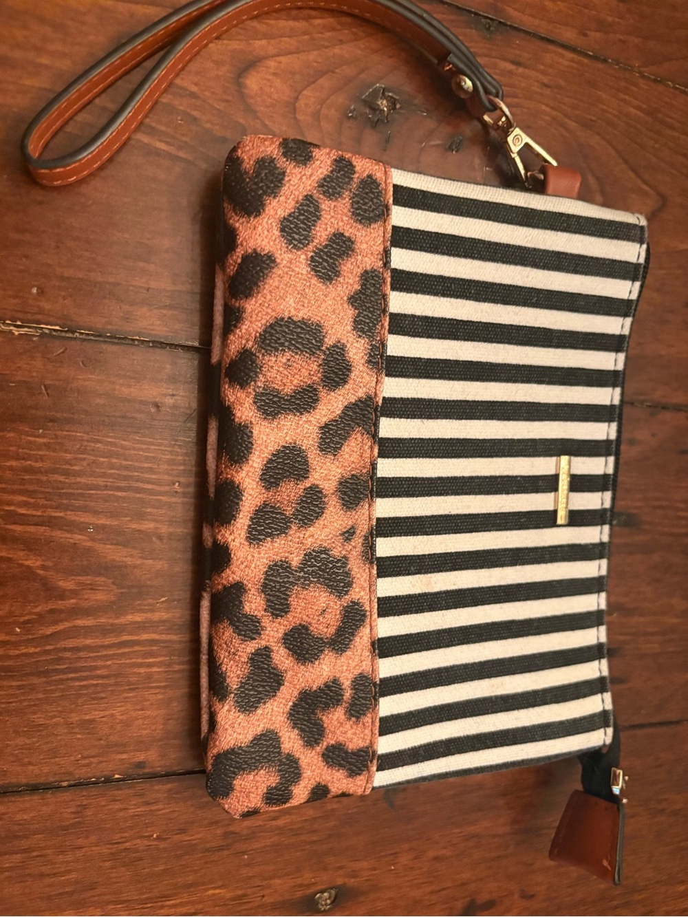 Striped Canvas Wristlet Clutch with Leopard Accent - Black, Brown